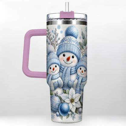 #pl[40oz|Pink] Snowman Family 40oz Tumbler with Handle, Winter Stainless Steel Cup