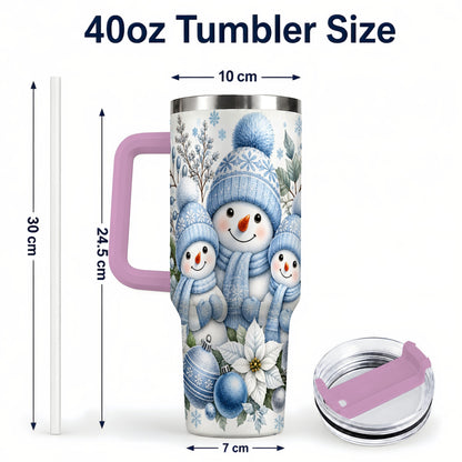#pl[40oz|Pink] Snowman Family 40oz Tumbler with Handle, Winter Stainless Steel Cup