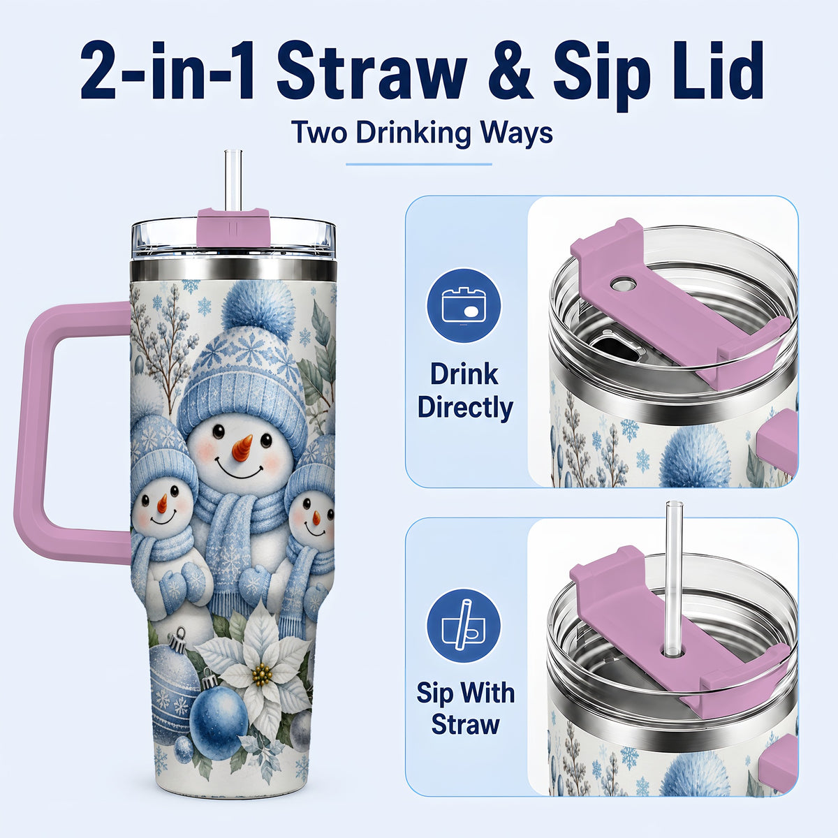 #pl[40oz|Pink] Snowman Family 40oz Tumbler with Handle, Winter Stainless Steel Cup