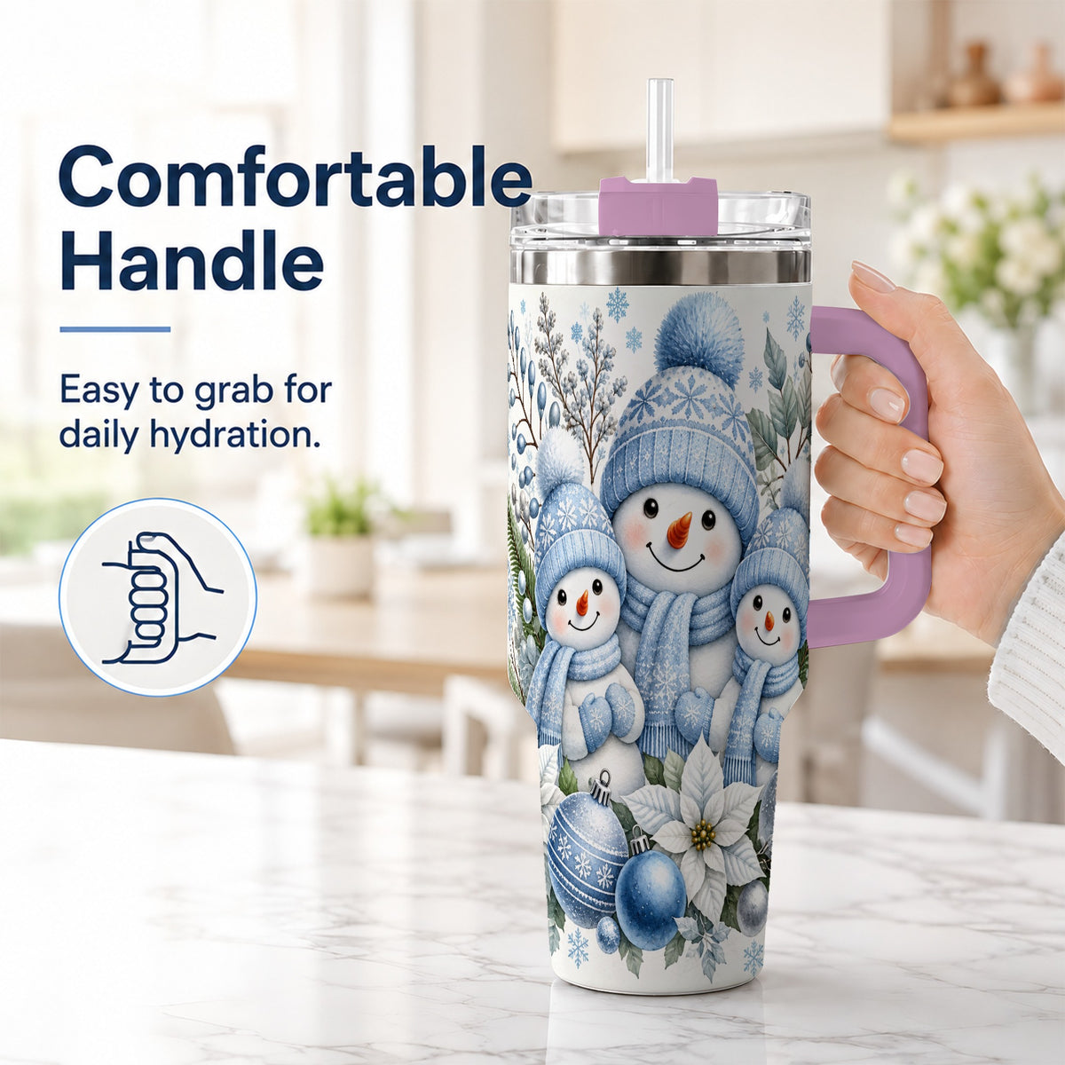 #pl[40oz|Pink] Snowman Family 40oz Tumbler with Handle, Winter Stainless Steel Cup