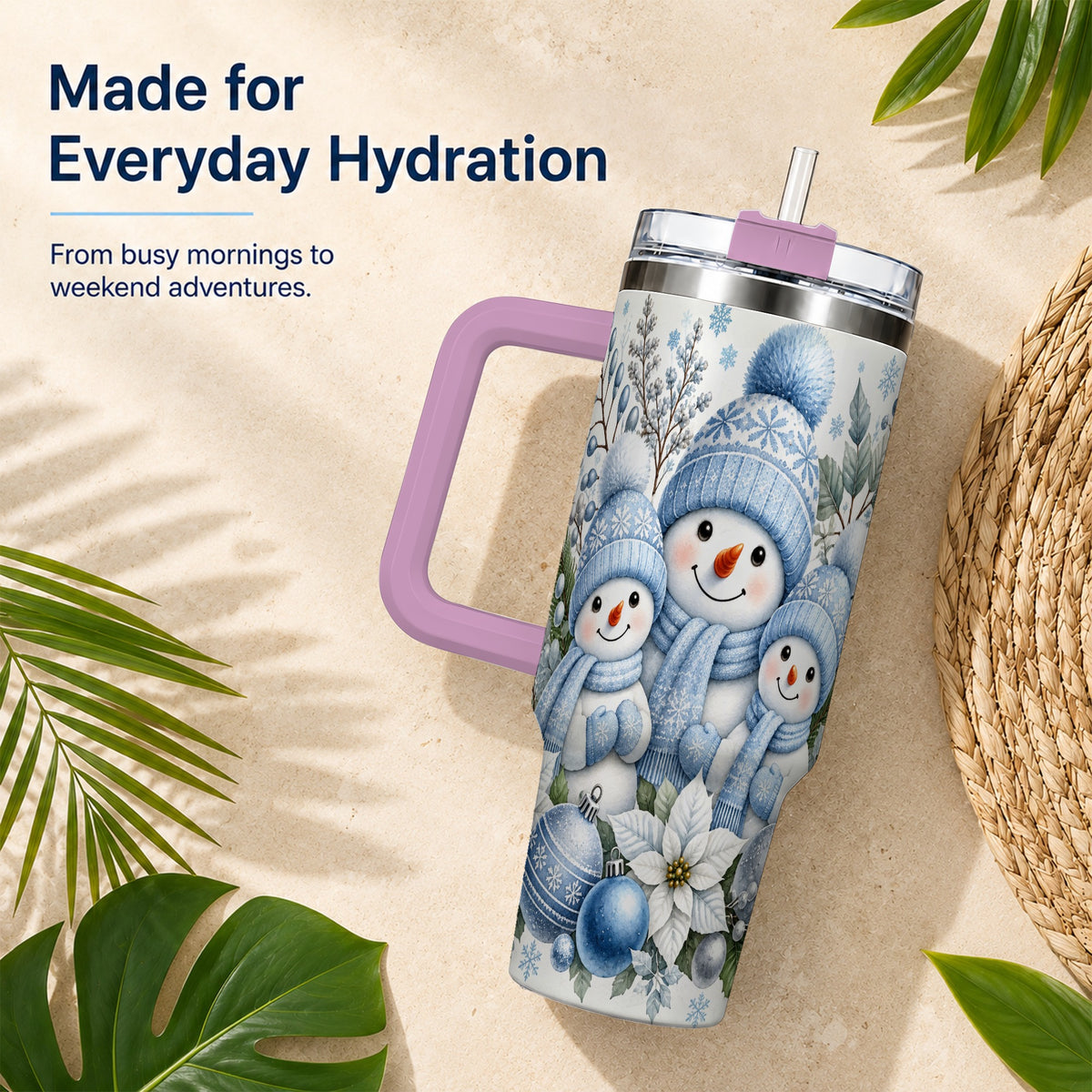 #pl[40oz|Pink] Snowman Family 40oz Tumbler with Handle, Winter Stainless Steel Cup
