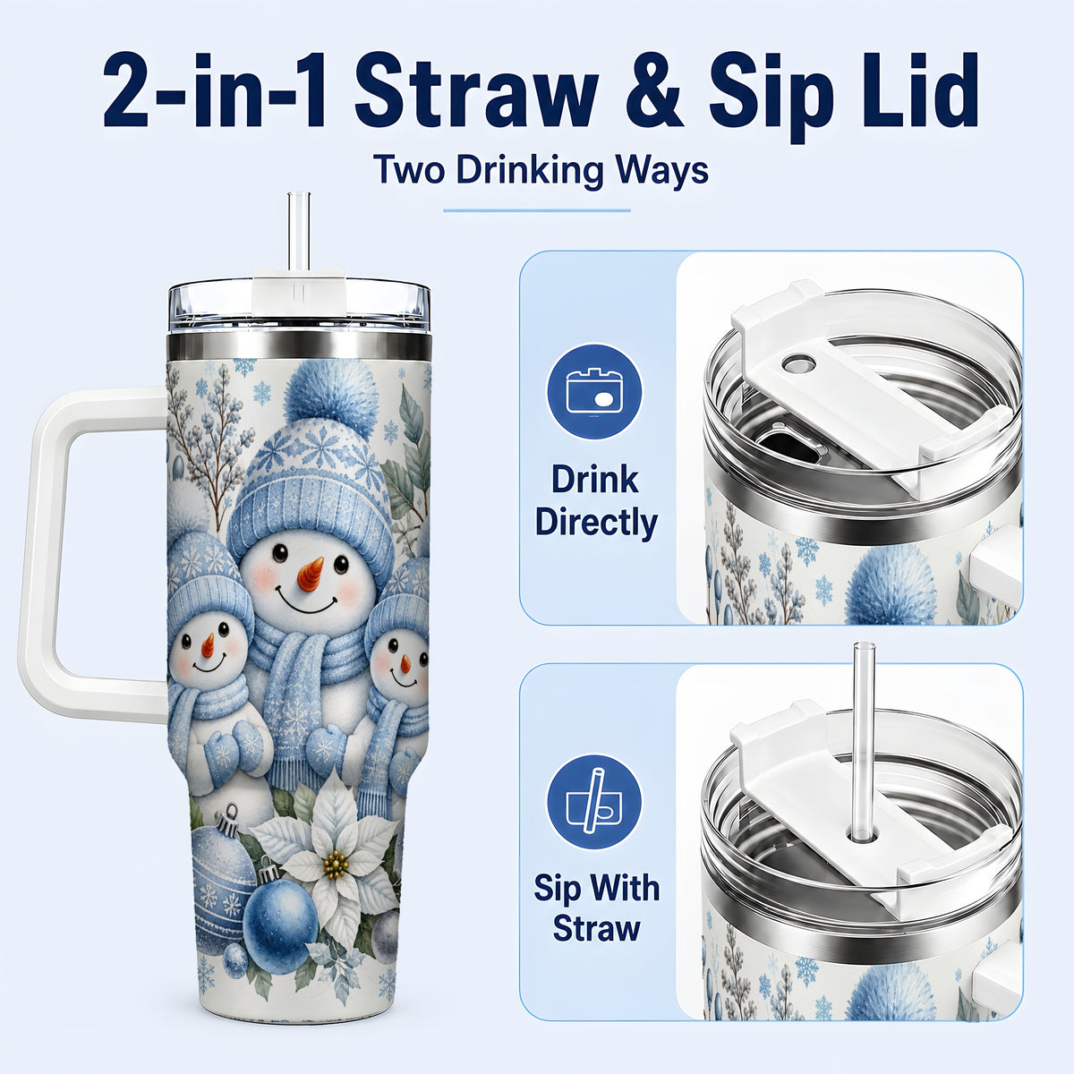 #pl[40oz|White] Snowman Family 40oz Tumbler with Handle, Winter Stainless Steel Cup