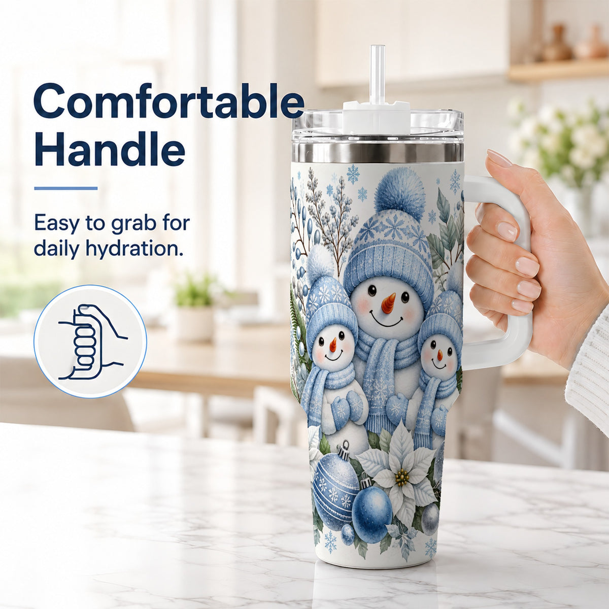 #pl[40oz|White] Snowman Family 40oz Tumbler with Handle, Winter Stainless Steel Cup