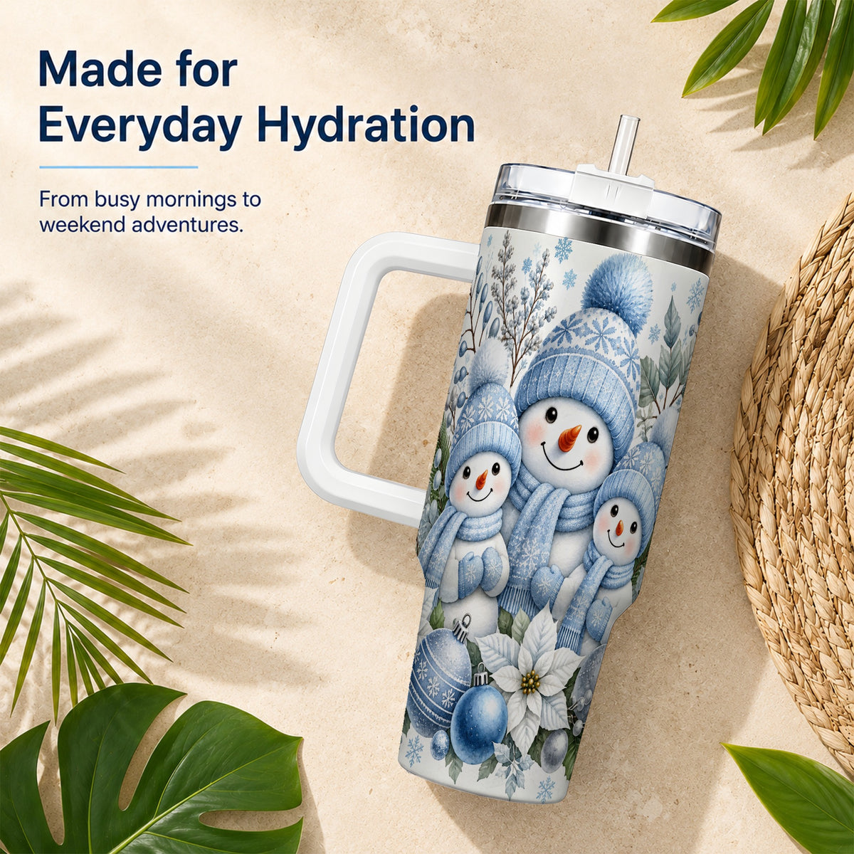 #pl[40oz|White] Snowman Family 40oz Tumbler with Handle, Winter Stainless Steel Cup