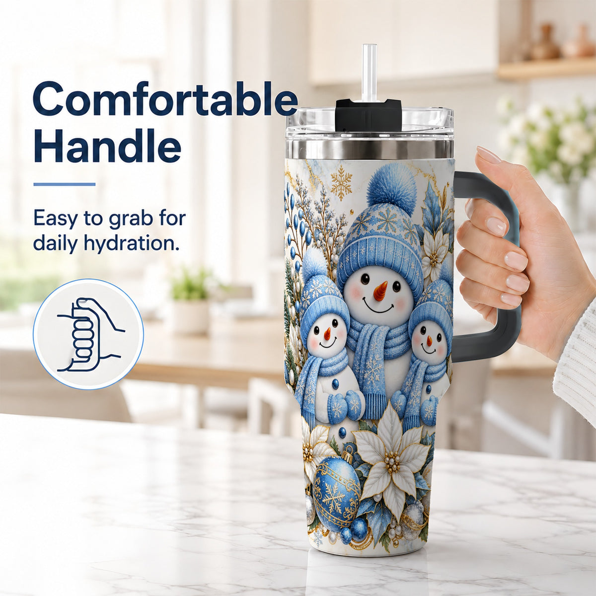 #pl[40oz|Black] Snowman Family 40oz Tumbler with Handle, Winter Stainless Steel Cup