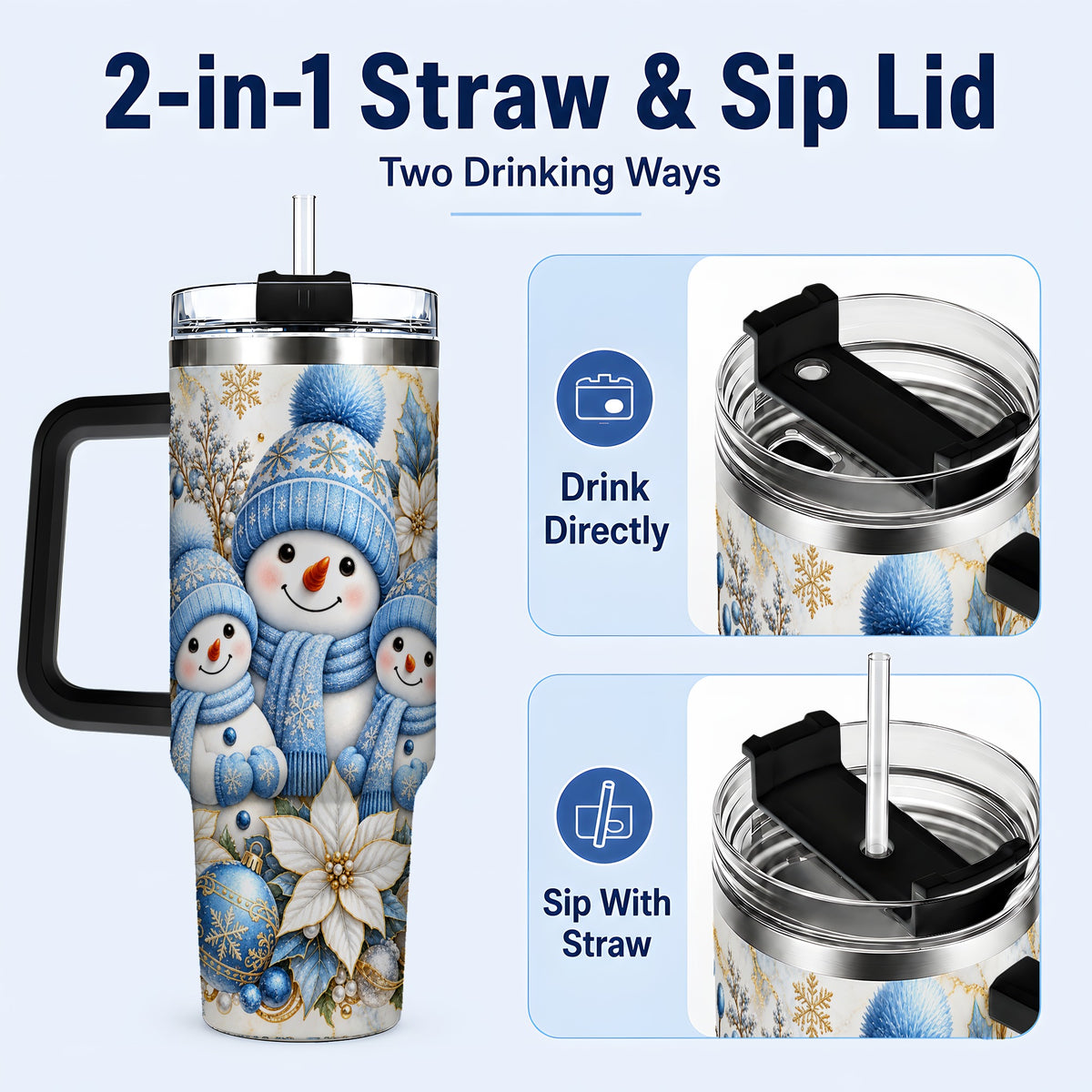 #pl[40oz|Black] Snowman Family 40oz Tumbler with Handle, Winter Stainless Steel Cup