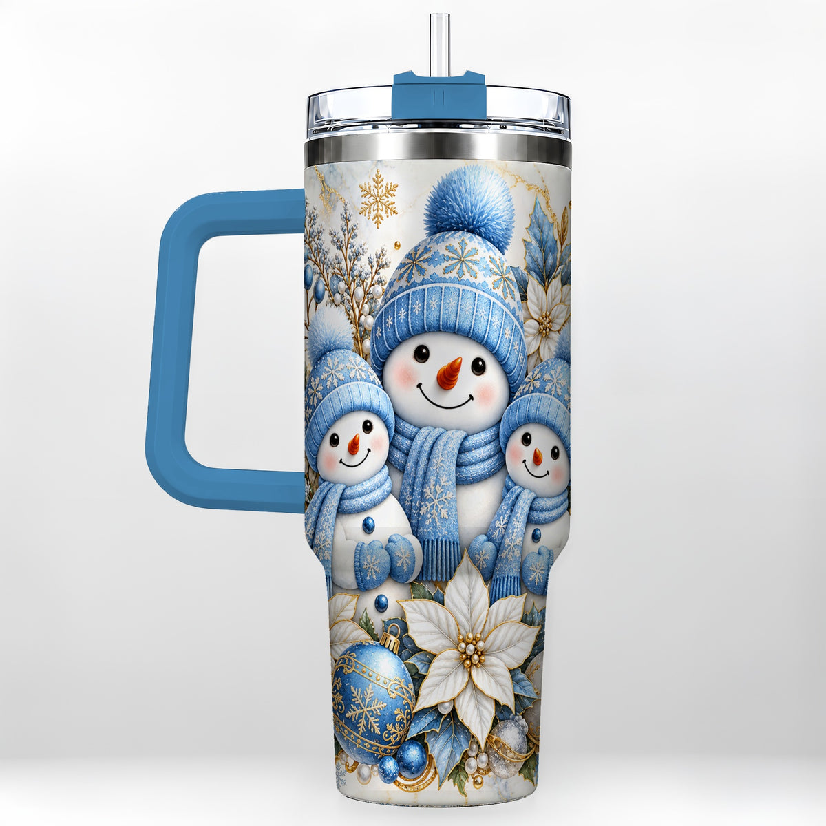 #pl[40oz|Blue] Snowman Family 40oz Tumbler with Handle, Winter Stainless Steel Cup