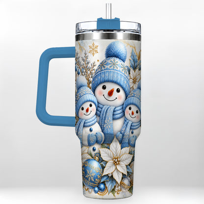 #pl[40oz|Blue] Snowman Family 40oz Tumbler with Handle, Winter Stainless Steel Cup