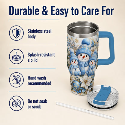 #pl[40oz|Blue] Snowman Family 40oz Tumbler with Handle, Winter Stainless Steel Cup
