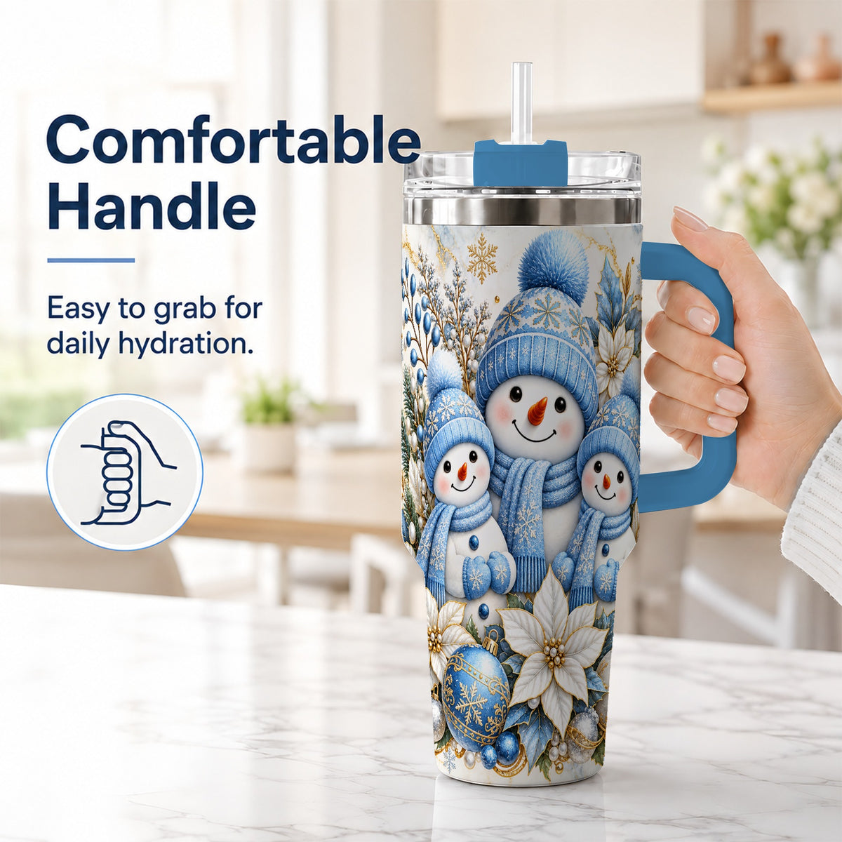 #pl[40oz|Blue] Snowman Family 40oz Tumbler with Handle, Winter Stainless Steel Cup