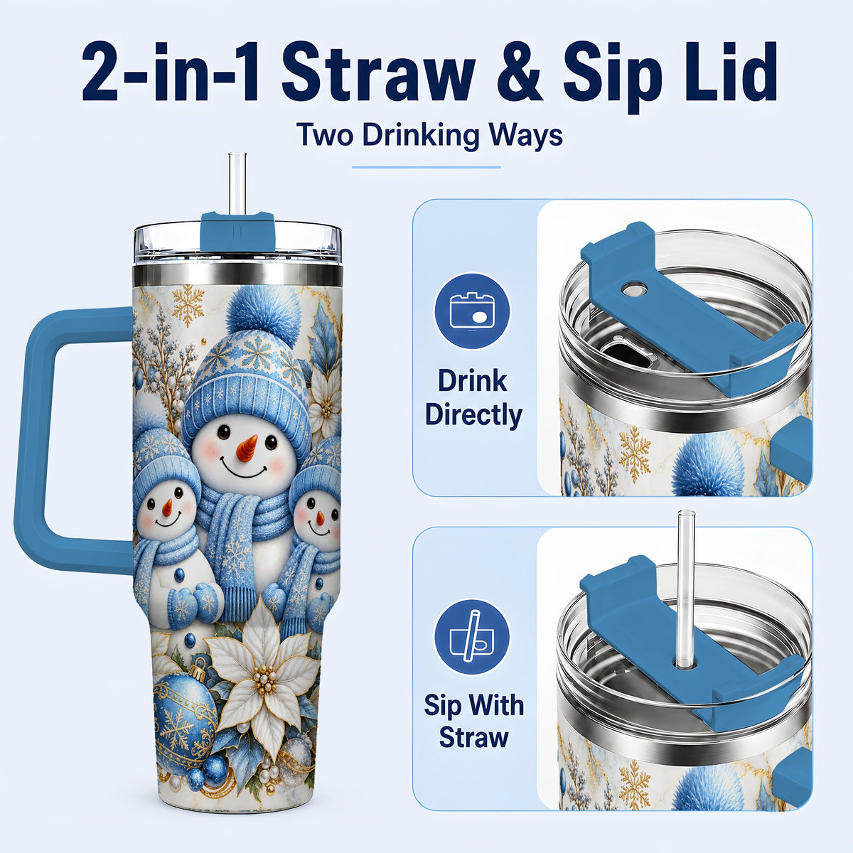 #pl[40oz|Blue] Snowman Family 40oz Tumbler with Handle, Winter Stainless Steel Cup