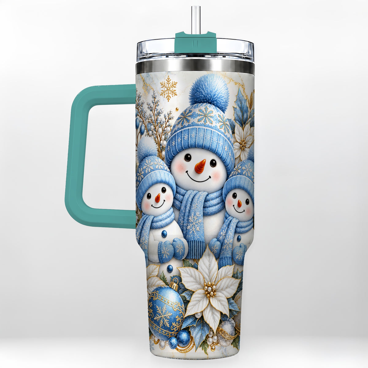 #pl[40oz|Green] Snowman Family 40oz Tumbler with Handle, Winter Stainless Steel Cup