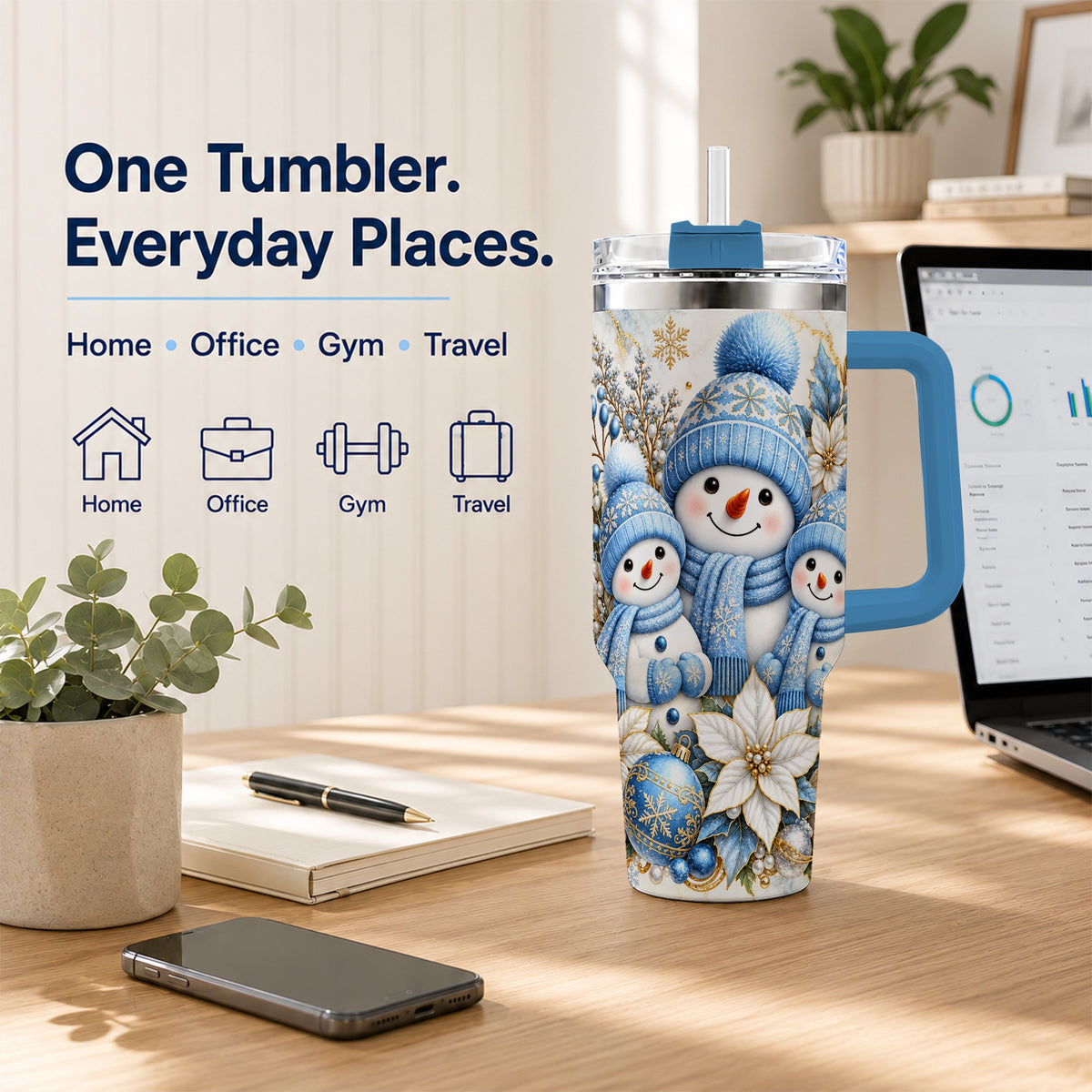 #pl[40oz|Blue] Snowman Family 40oz Tumbler with Handle, Winter Stainless Steel Cup