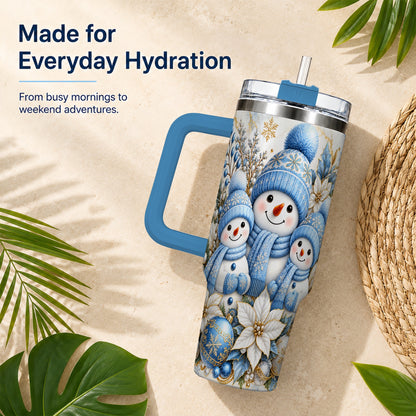 #pl[40oz|Blue] Snowman Family 40oz Tumbler with Handle, Winter Stainless Steel Cup