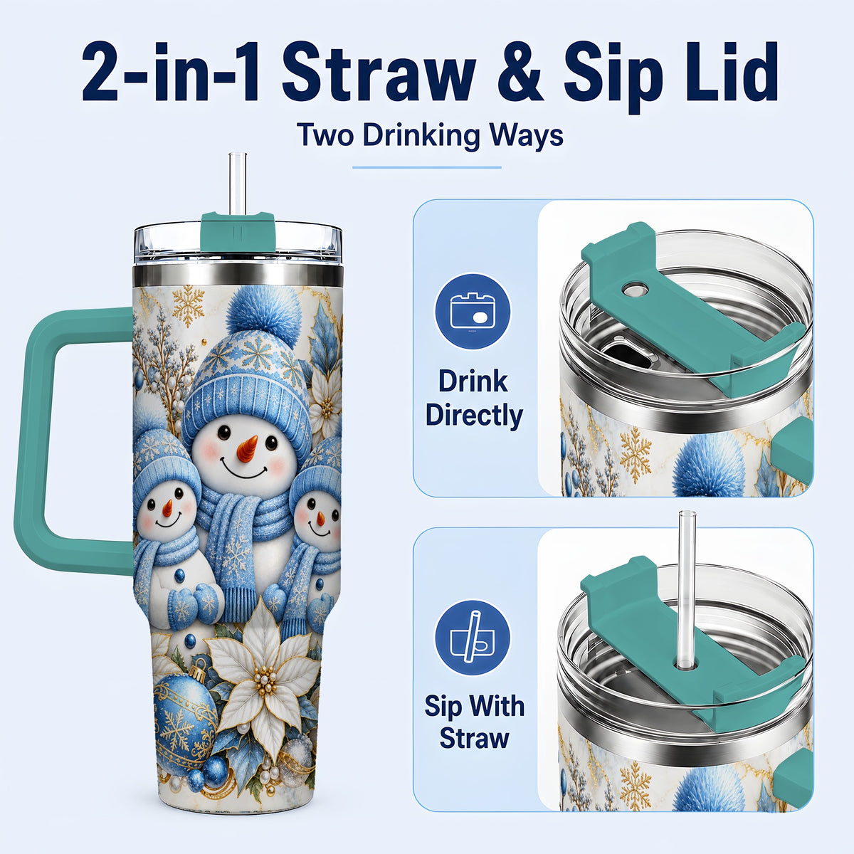 #pl[40oz|Green] Snowman Family 40oz Tumbler with Handle, Winter Stainless Steel Cup