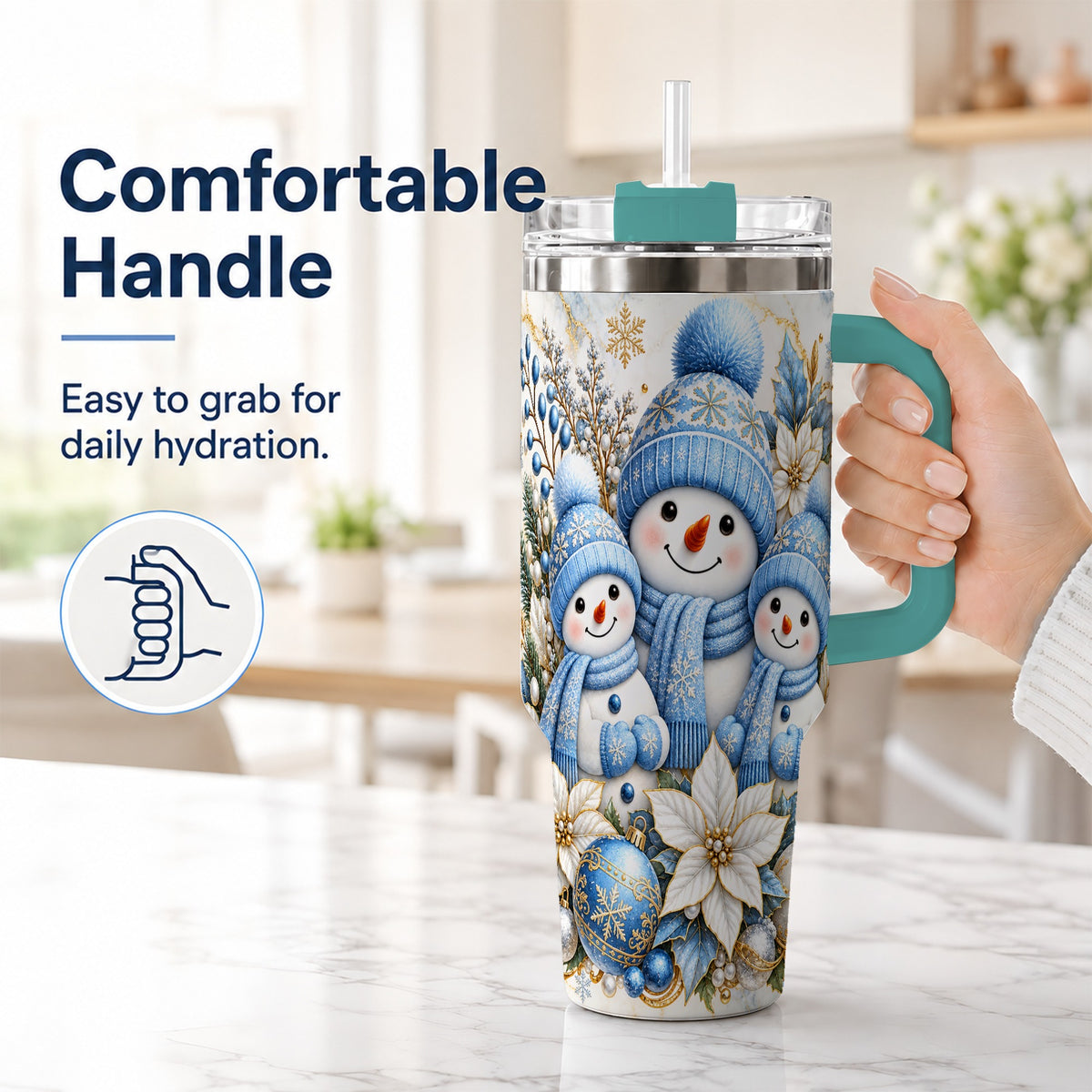#pl[40oz|Green] Snowman Family 40oz Tumbler with Handle, Winter Stainless Steel Cup