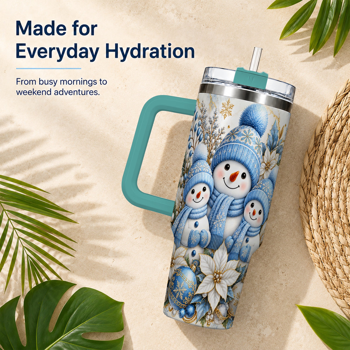 #pl[40oz|Green] Snowman Family 40oz Tumbler with Handle, Winter Stainless Steel Cup