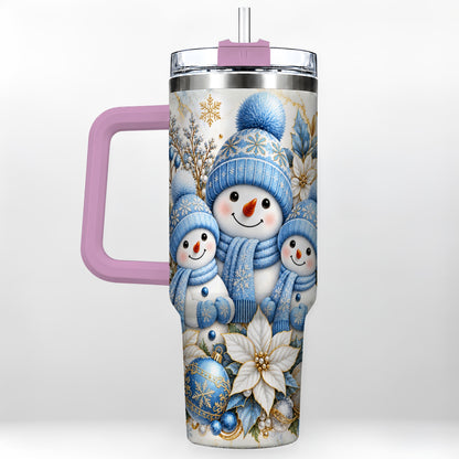 #pl[40oz|Pink] Snowman Family 40oz Tumbler with Handle, Winter Stainless Steel Cup