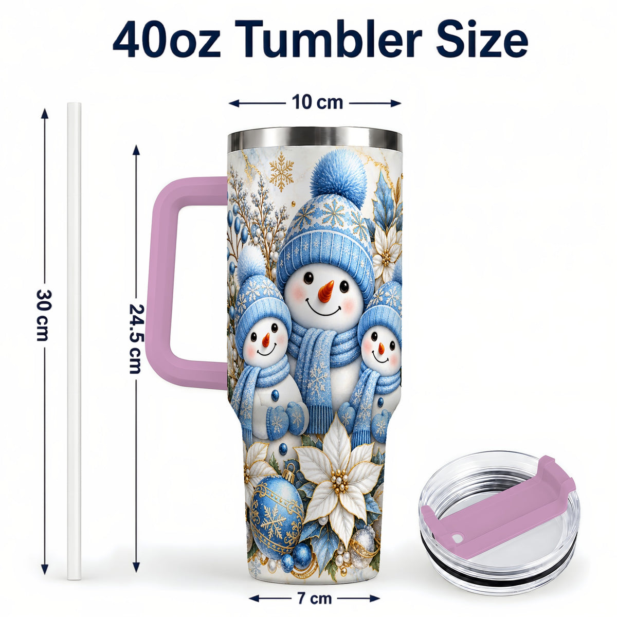 #pl[40oz|Pink] Snowman Family 40oz Tumbler with Handle, Winter Stainless Steel Cup