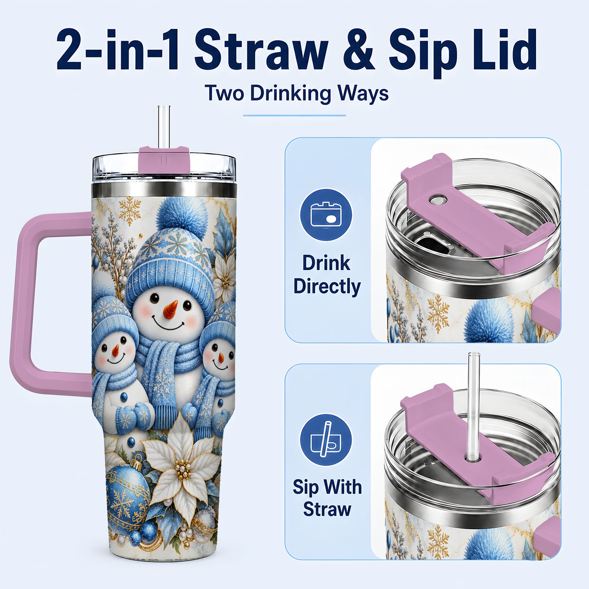 #pl[40oz|Pink] Snowman Family 40oz Tumbler with Handle, Winter Stainless Steel Cup