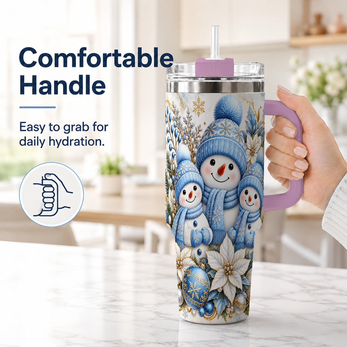#pl[40oz|Pink] Snowman Family 40oz Tumbler with Handle, Winter Stainless Steel Cup