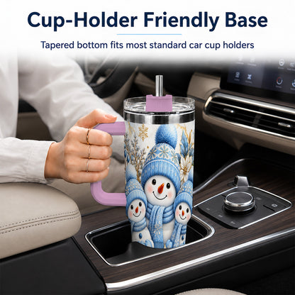 #pl[40oz|Pink] Snowman Family 40oz Tumbler with Handle, Winter Stainless Steel Cup