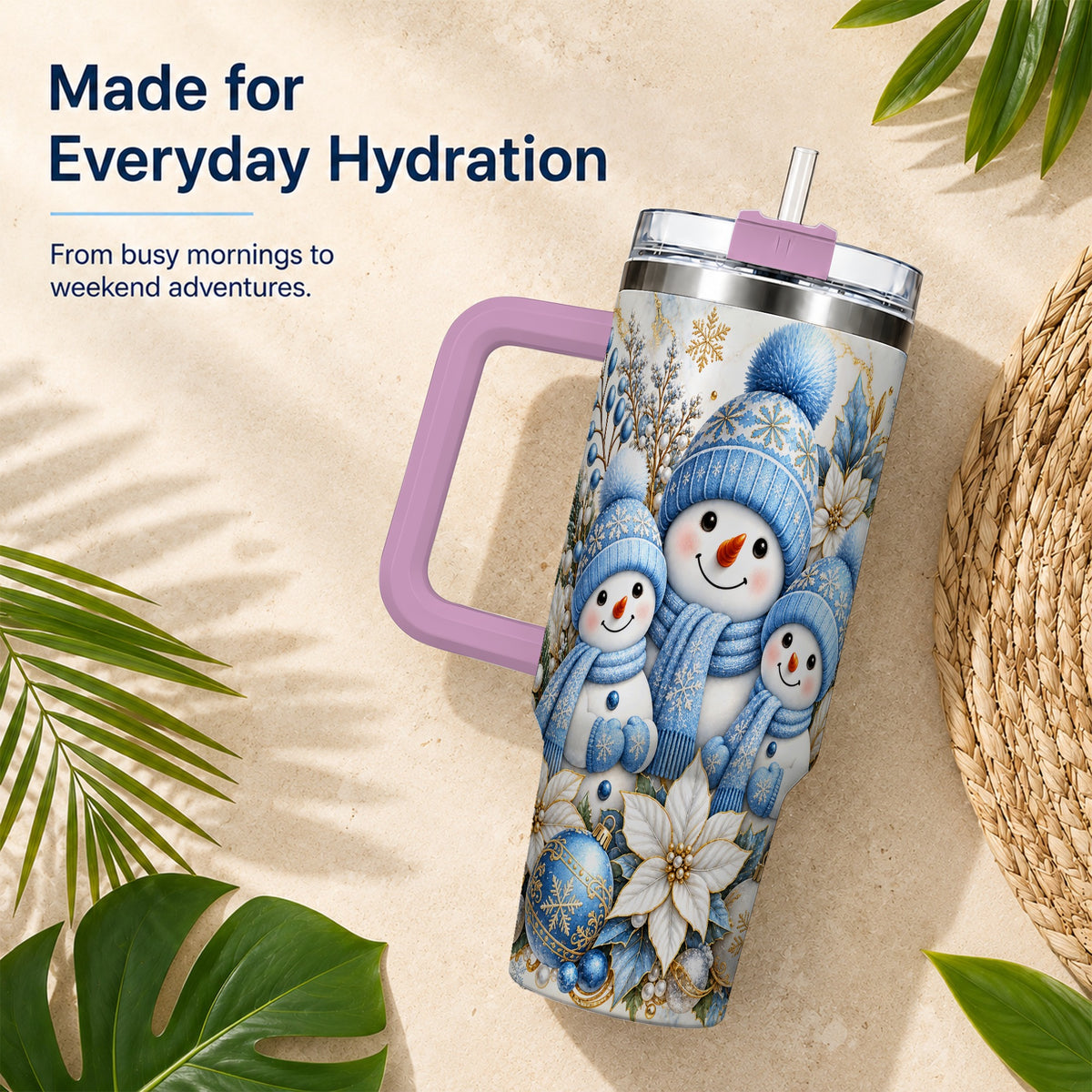 #pl[40oz|Pink] Snowman Family 40oz Tumbler with Handle, Winter Stainless Steel Cup