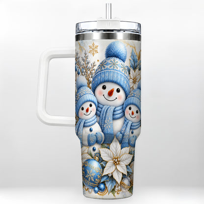 Snowman Family 40oz Tumbler with Handle, Winter Stainless Steel Cup