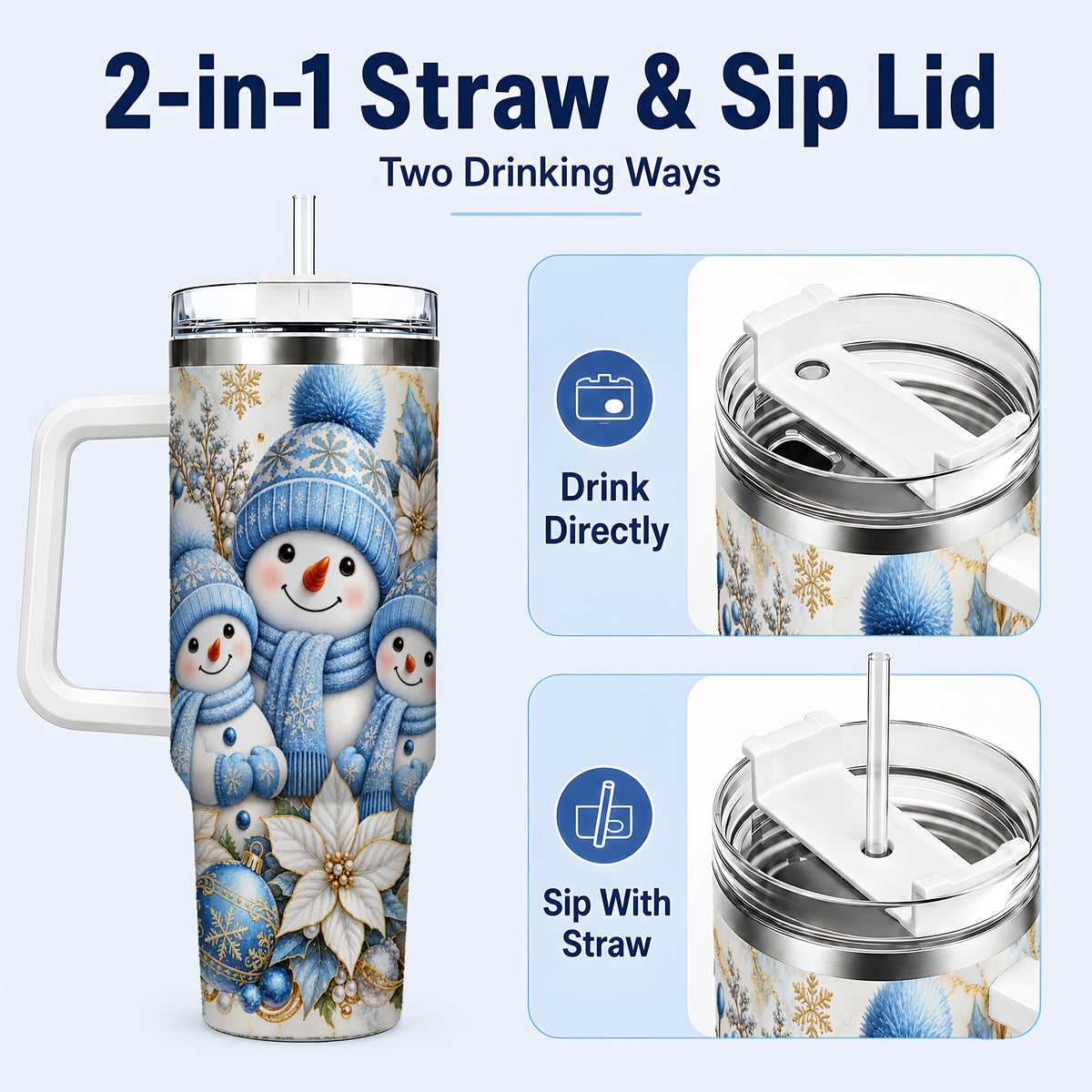 #pl[40oz|White] Snowman Family 40oz Tumbler with Handle, Winter Stainless Steel Cup
