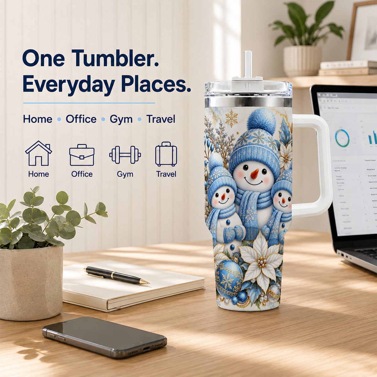 #pl[40oz|White] Snowman Family 40oz Tumbler with Handle, Winter Stainless Steel Cup