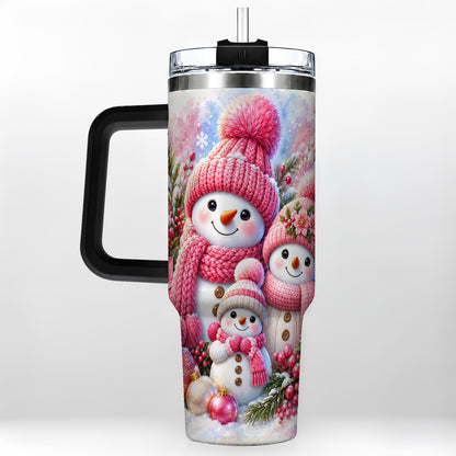 #pl[40oz|Black] Pink Snowman Family 40oz Tumbler with Handle, Winter Travel Cup