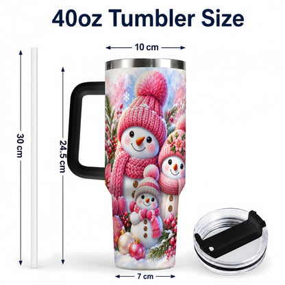 #pl[40oz|Black] Pink Snowman Family 40oz Tumbler with Handle, Winter Travel Cup