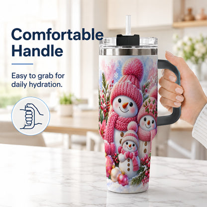 #pl[40oz|Black] Pink Snowman Family 40oz Tumbler with Handle, Winter Travel Cup