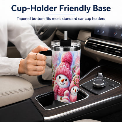 #pl[40oz|Black] Pink Snowman Family 40oz Tumbler with Handle, Winter Travel Cup