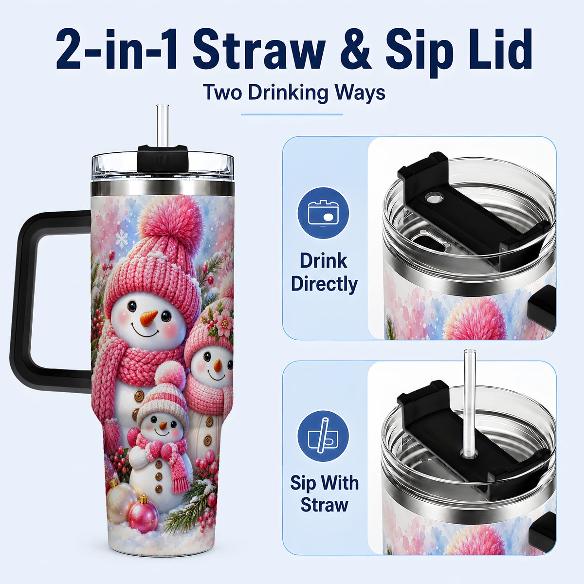 #pl[40oz|Black] Pink Snowman Family 40oz Tumbler with Handle, Winter Travel Cup
