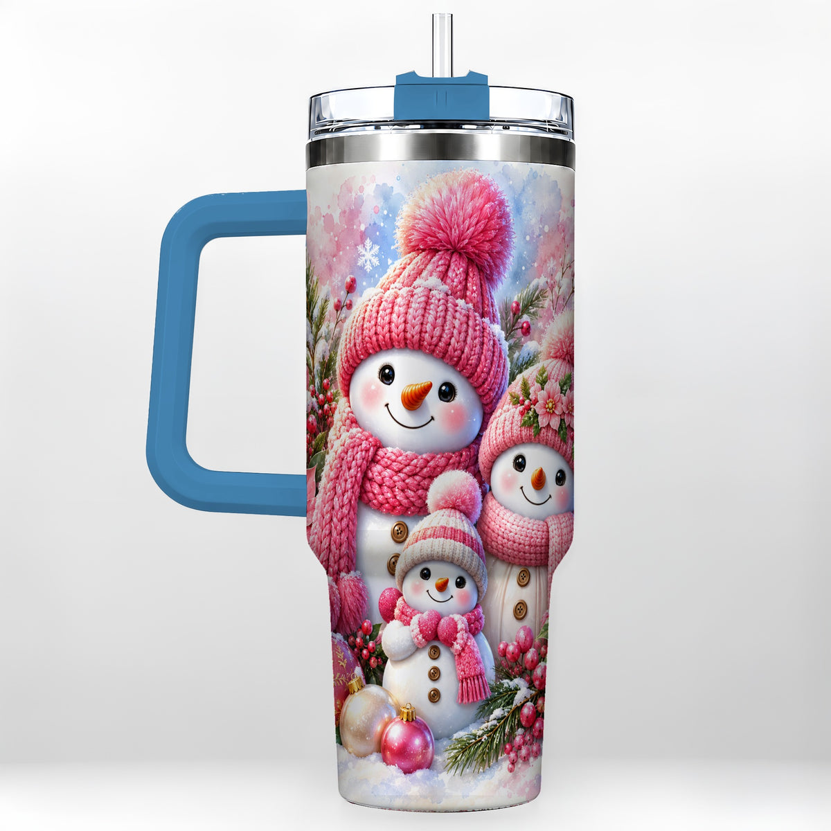 #pl[40oz|Blue] Pink Snowman Family 40oz Tumbler with Handle, Winter Travel Cup