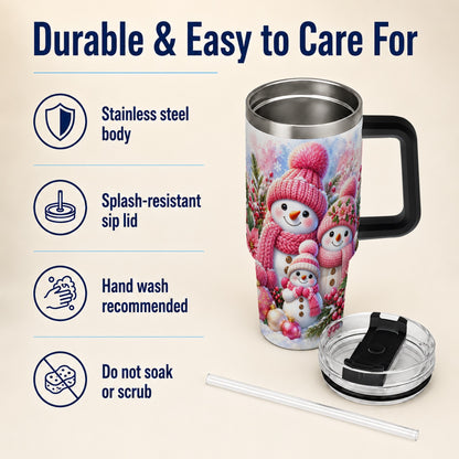 #pl[40oz|Black] Pink Snowman Family 40oz Tumbler with Handle, Winter Travel Cup