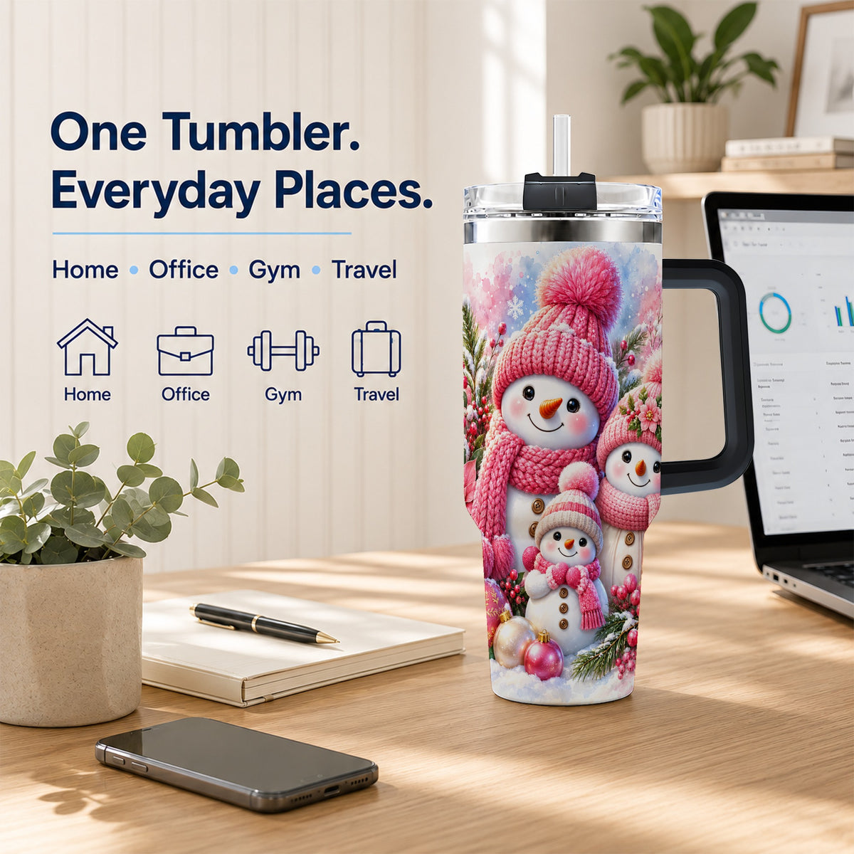 #pl[40oz|Black] Pink Snowman Family 40oz Tumbler with Handle, Winter Travel Cup