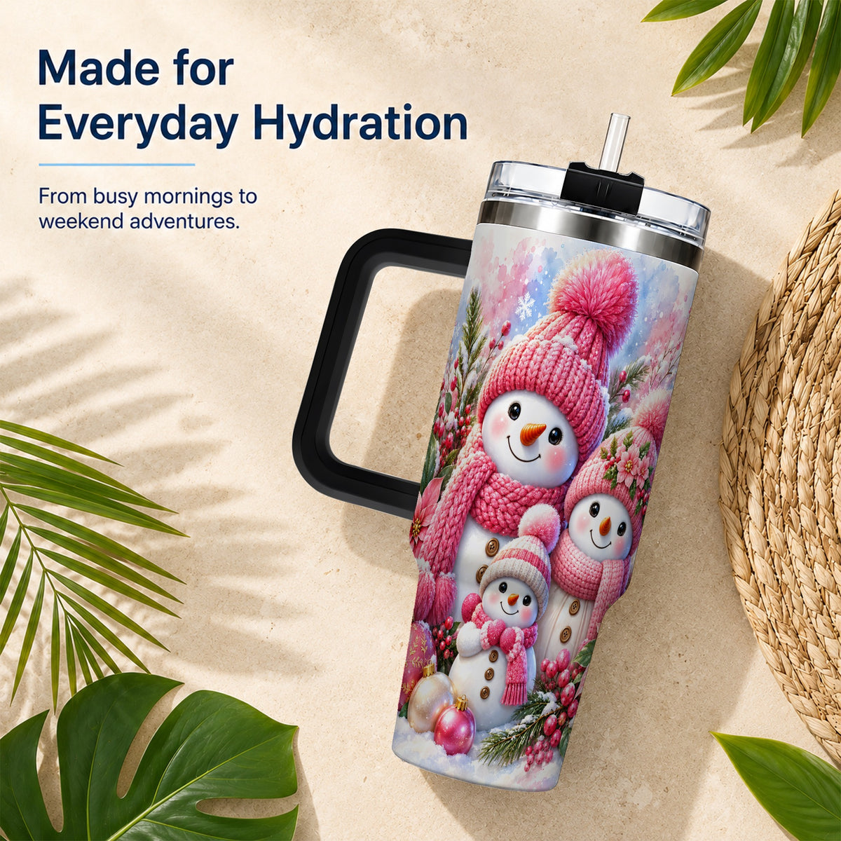 #pl[40oz|Black] Pink Snowman Family 40oz Tumbler with Handle, Winter Travel Cup