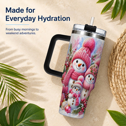 #pl[40oz|Black] Pink Snowman Family 40oz Tumbler with Handle, Winter Travel Cup