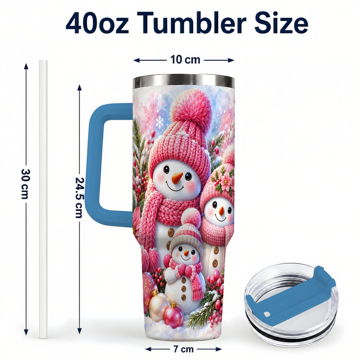 #pl[40oz|Blue] Pink Snowman Family 40oz Tumbler with Handle, Winter Travel Cup