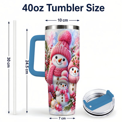 #pl[40oz|Blue] Pink Snowman Family 40oz Tumbler with Handle, Winter Travel Cup