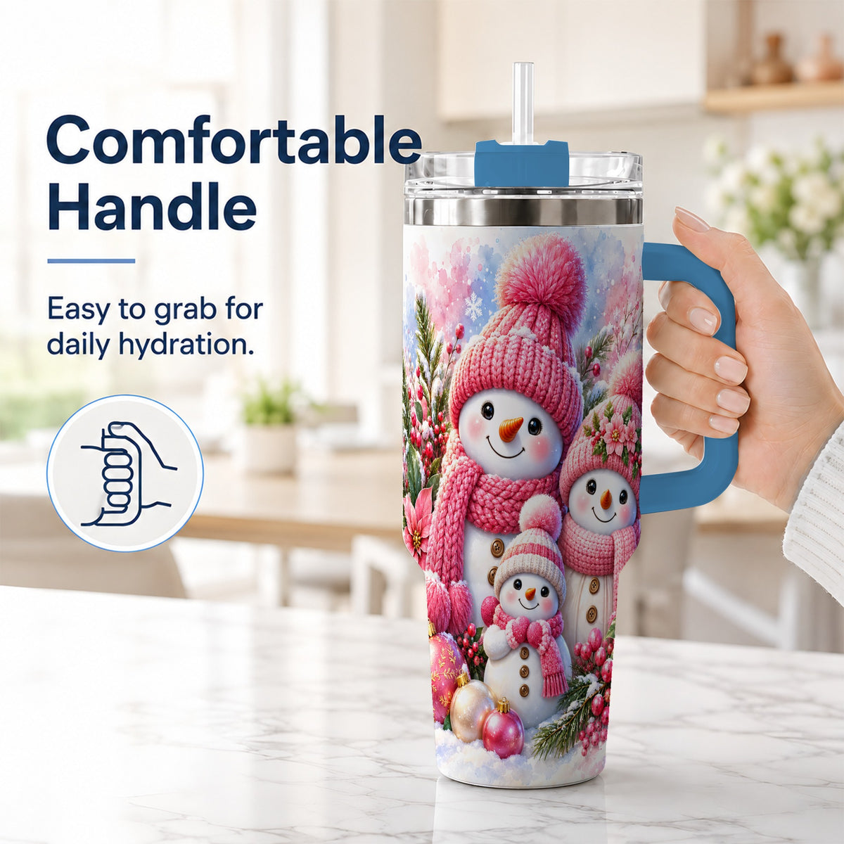#pl[40oz|Blue] Pink Snowman Family 40oz Tumbler with Handle, Winter Travel Cup