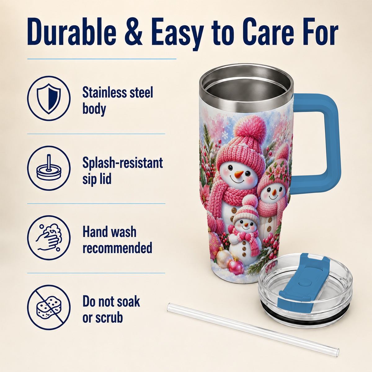 #pl[40oz|Blue] Pink Snowman Family 40oz Tumbler with Handle, Winter Travel Cup