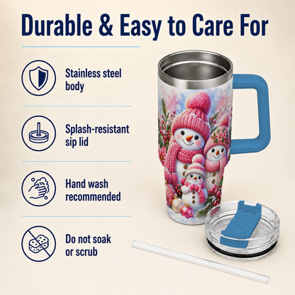 #pl[40oz|Blue] Pink Snowman Family 40oz Tumbler with Handle, Winter Travel Cup