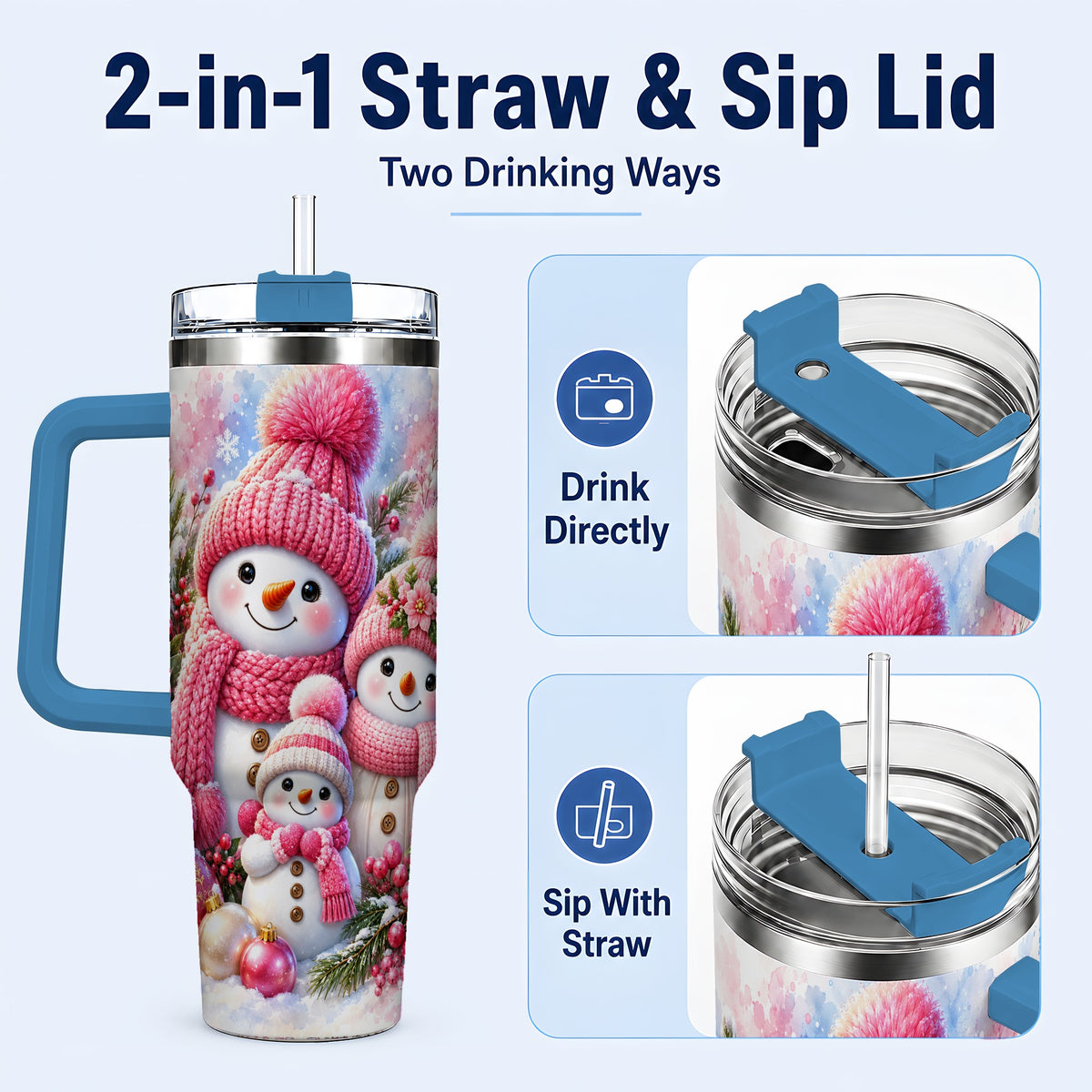 #pl[40oz|Blue] Pink Snowman Family 40oz Tumbler with Handle, Winter Travel Cup