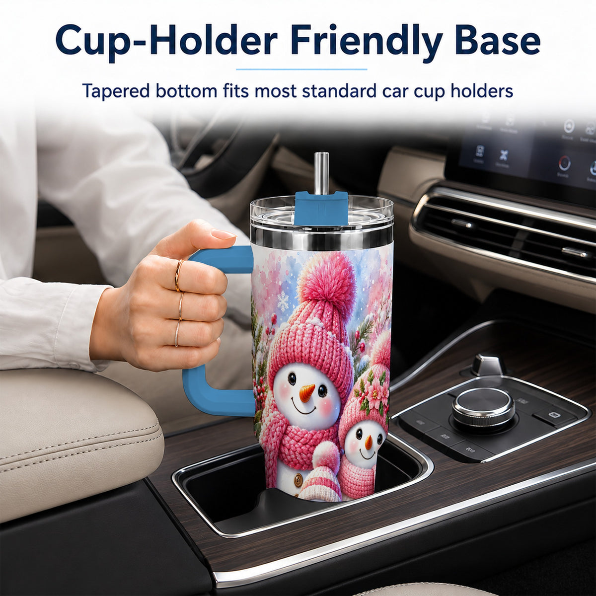 #pl[40oz|Blue] Pink Snowman Family 40oz Tumbler with Handle, Winter Travel Cup