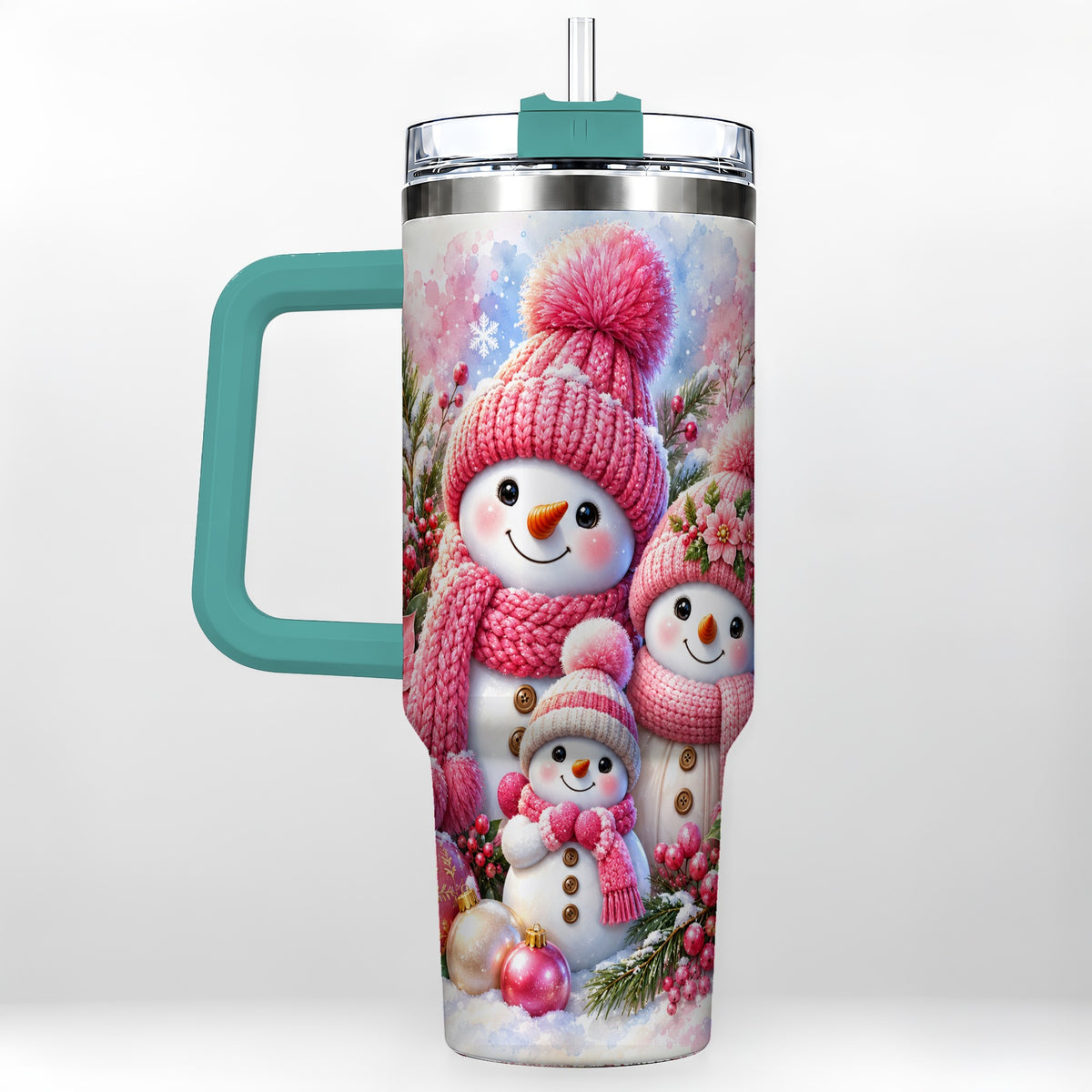 #pl[40oz|Green] Pink Snowman Family 40oz Tumbler with Handle, Winter Travel Cup