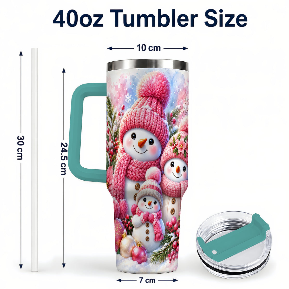 #pl[40oz|Green] Pink Snowman Family 40oz Tumbler with Handle, Winter Travel Cup