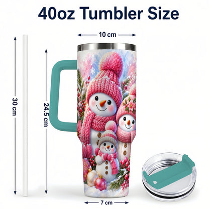 #pl[40oz|Green] Pink Snowman Family 40oz Tumbler with Handle, Winter Travel Cup